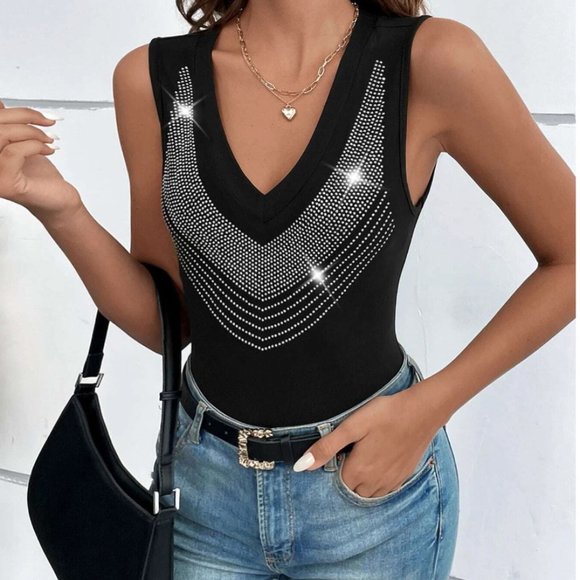 Tops - Black Rhinestone Tank Top